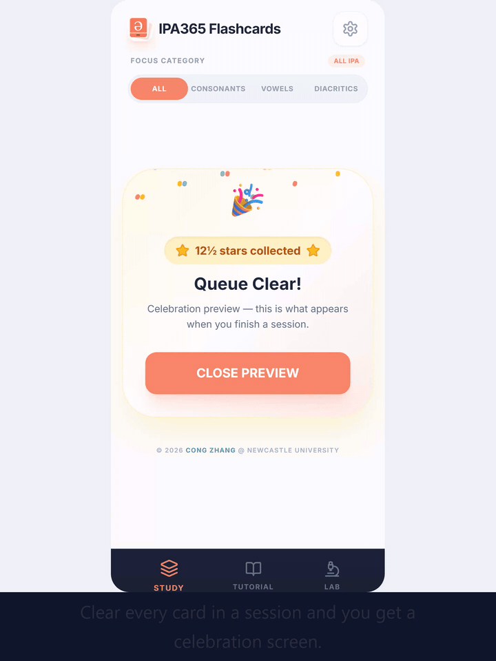 The Queue Clear celebration screen showing stars collected in a study session